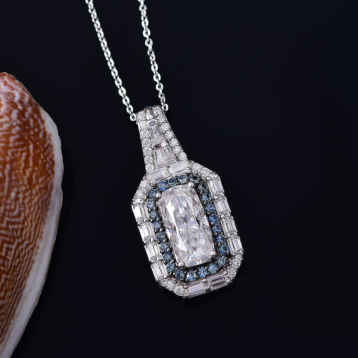 D'Joy Moissanite and Ceylon Blue Sapphire 4.00 ctw Art Deco Pendant Necklace 20 Inches in Rhodium Over Sterling Silver image number 1