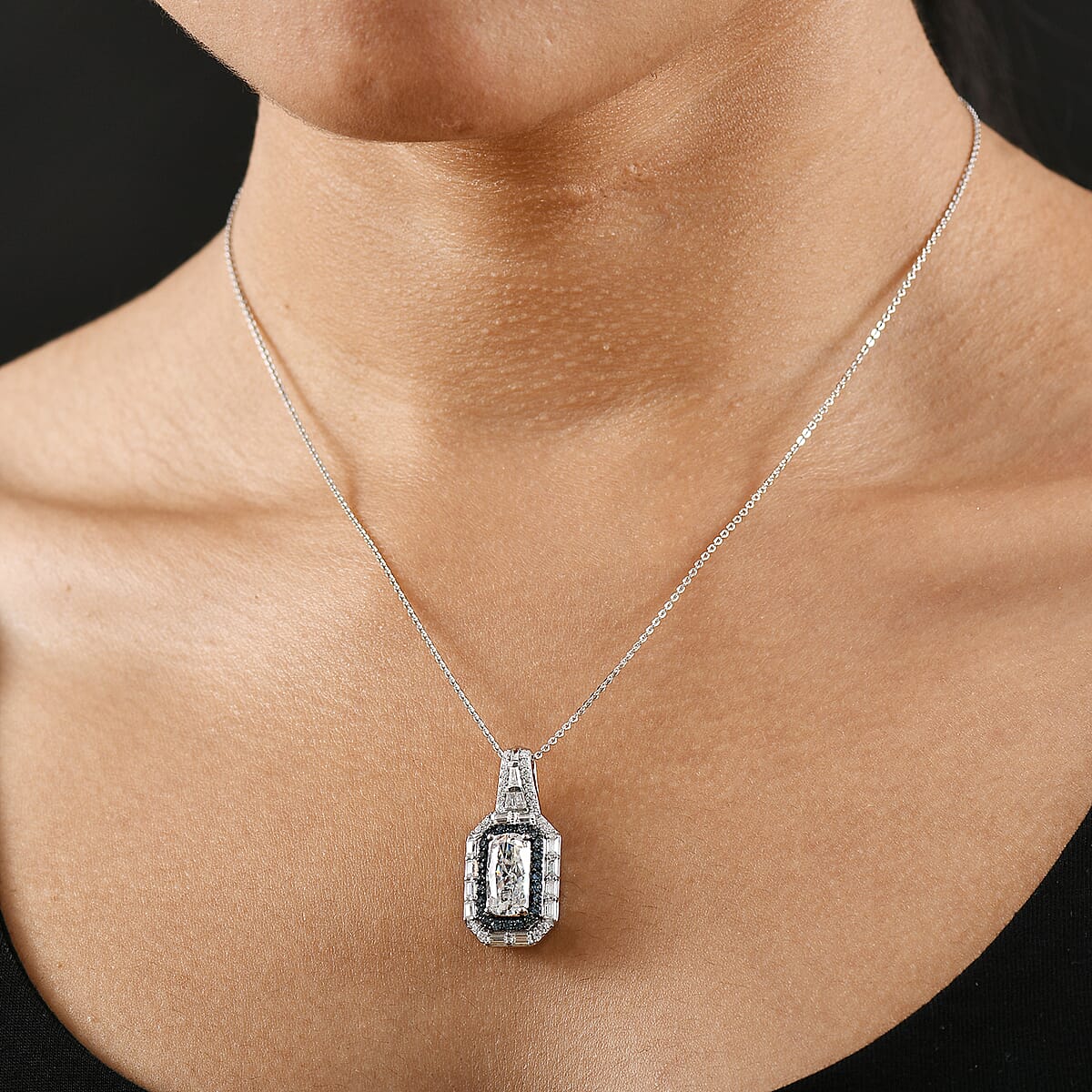 D'Joy Moissanite and Ceylon Blue Sapphire 4.00 ctw Art Deco Pendant Necklace 20 Inches in Rhodium Over Sterling Silver image number 2