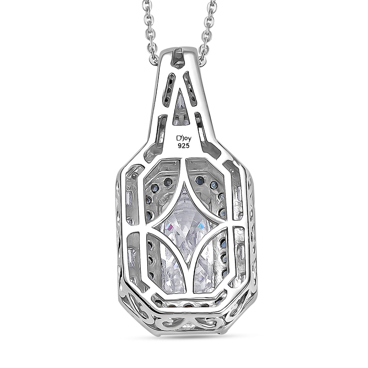 D'Joy Moissanite and Ceylon Blue Sapphire 4.00 ctw Art Deco Pendant Necklace 20 Inches in Rhodium Over Sterling Silver image number 4