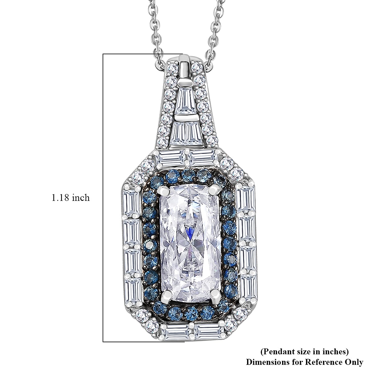 D'Joy Moissanite and Ceylon Blue Sapphire 4.00 ctw Art Deco Pendant Necklace 20 Inches in Rhodium Over Sterling Silver image number 6