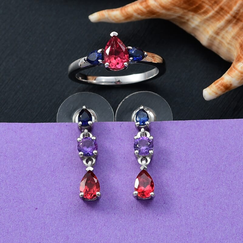D'Joy Lab Created Padparadscha, Purple and Blue Sapphire 3.80 ctw Drop Earrings and Trilogy Ring (Size 5) in Rhodium Over Sterling Silver 