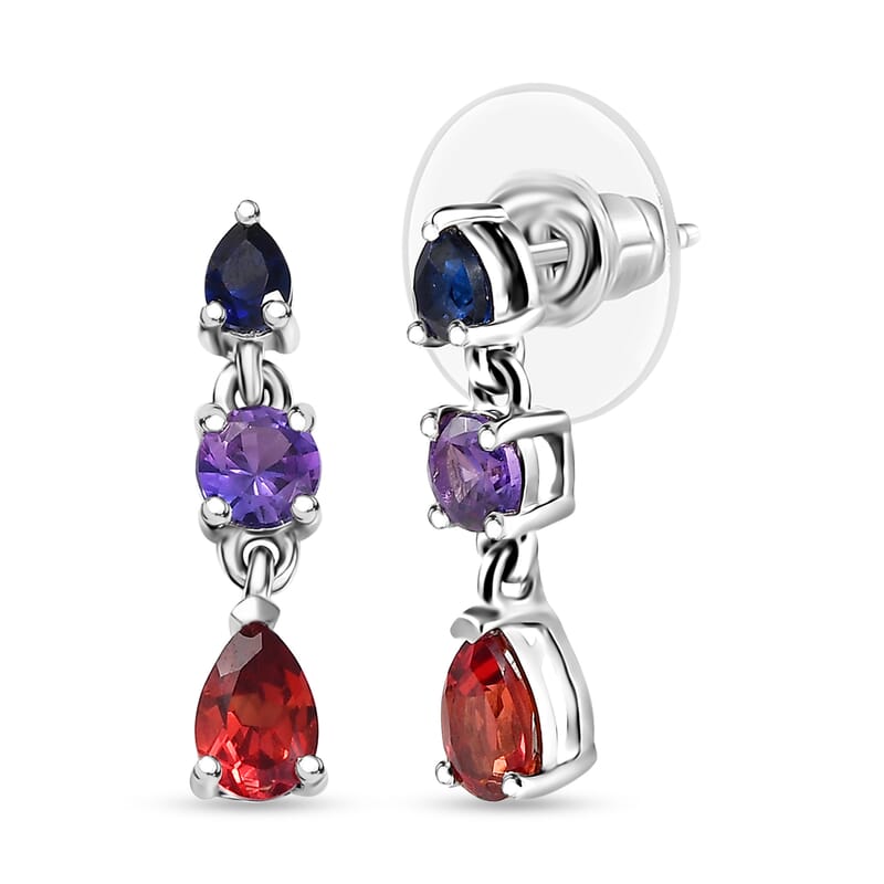D'Joy Lab Created Padparadscha, Purple and Blue Sapphire 3.80 ctw Drop Earrings and Trilogy Ring (Size 5) in Rhodium Over Sterling Silver 