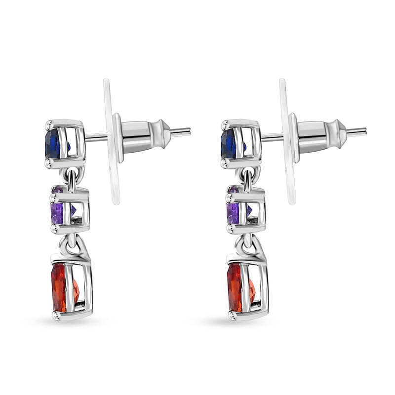 D'Joy Lab Created Padparadscha, Purple and Blue Sapphire 3.80 ctw Drop Earrings and Trilogy Ring (Size 5) in Rhodium Over Sterling Silver 