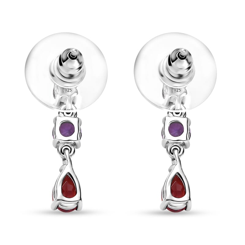 D'Joy Lab Created Padparadscha, Purple and Blue Sapphire 3.80 ctw Drop Earrings and Trilogy Ring (Size 5) in Rhodium Over Sterling Silver 