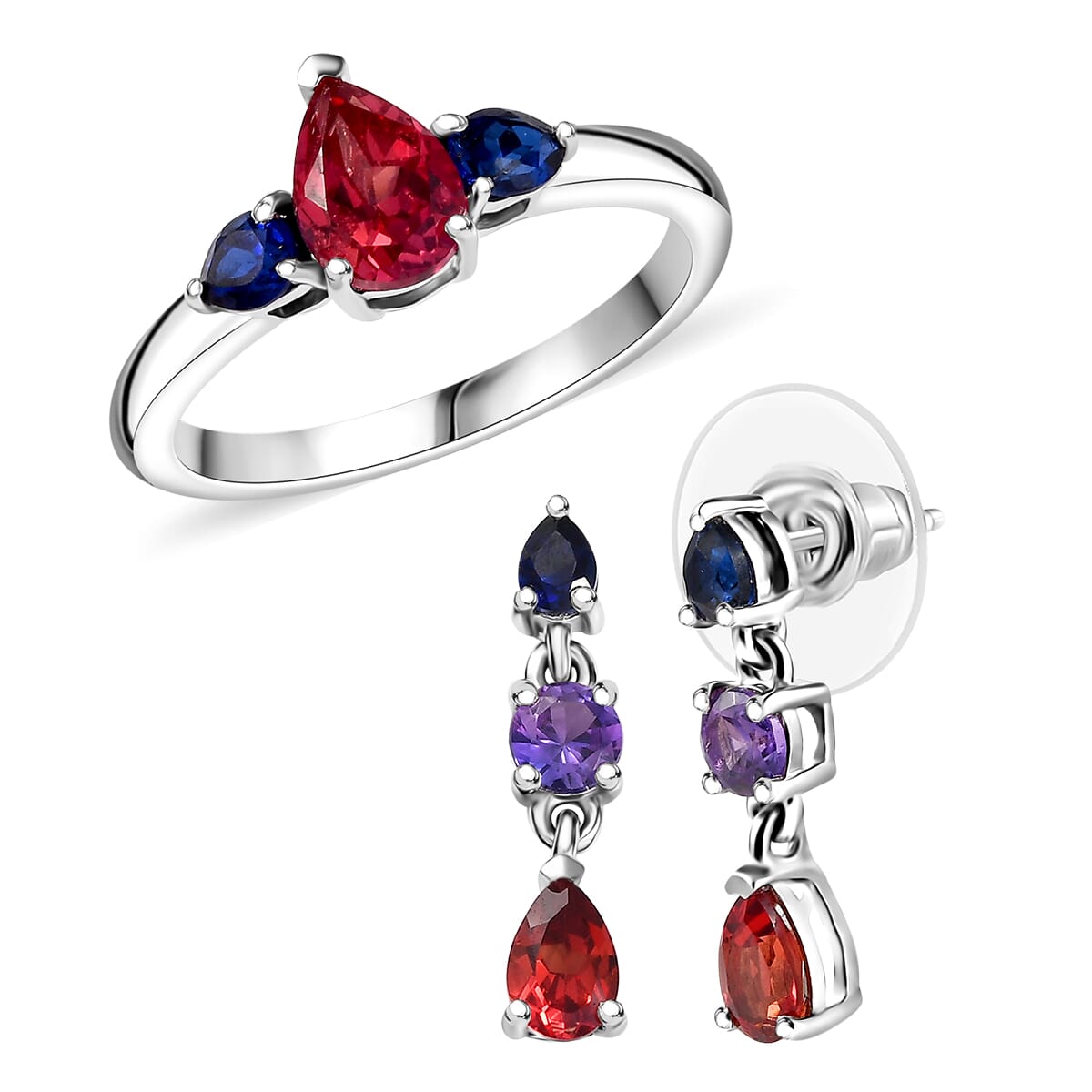 2 Piece Set - Lab Created Multi Sapphire 3.80 ctw Earrings and Ring (Size 8) in Rhodium Over Sterling Silver image number 0