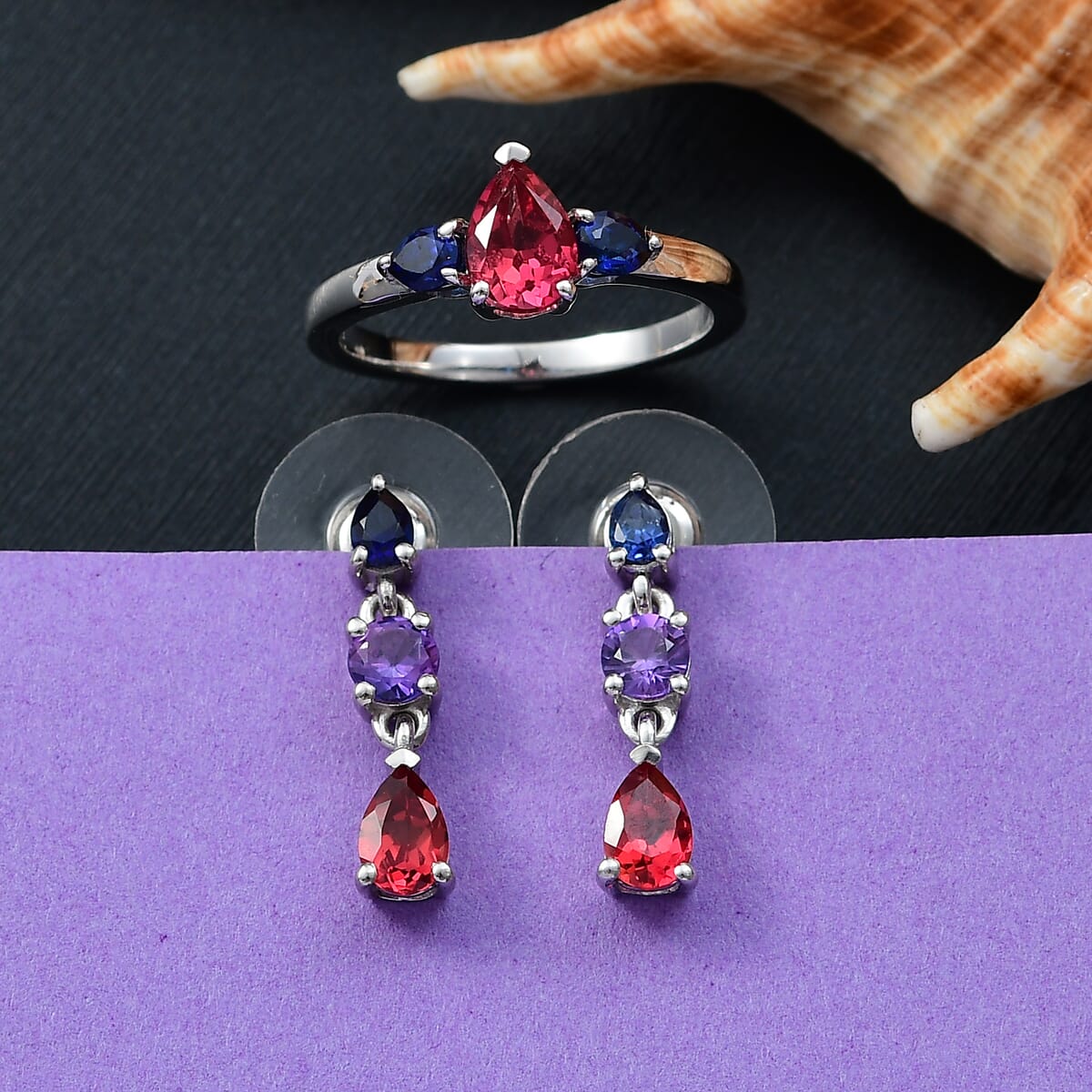 2 Piece Set - Lab Created Multi Sapphire 3.80 ctw Earrings and Ring (Size 8) in Rhodium Over Sterling Silver image number 1