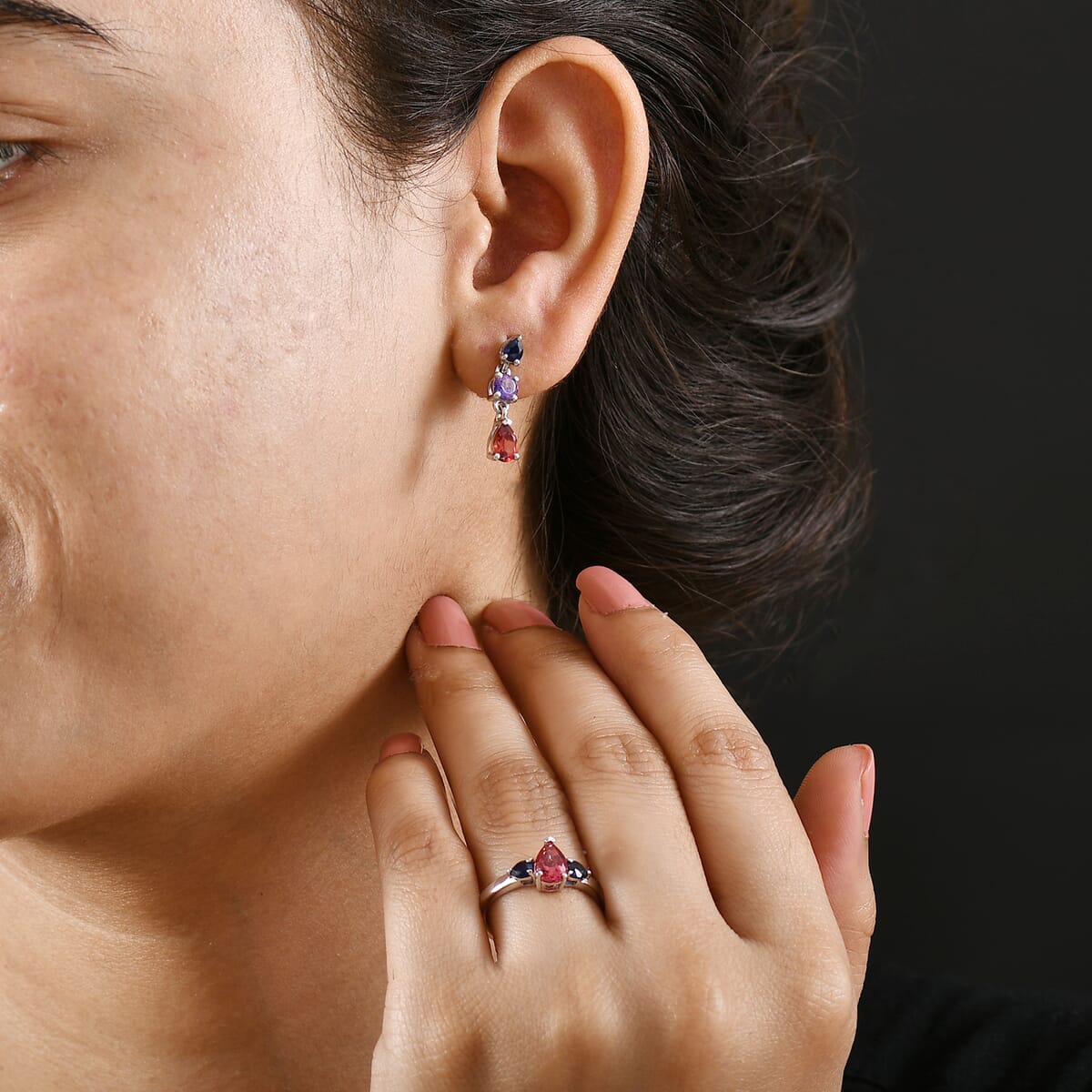 2 Piece Set - Lab Created Multi Sapphire 3.80 ctw Earrings and Ring (Size 8) in Rhodium Over Sterling Silver image number 2