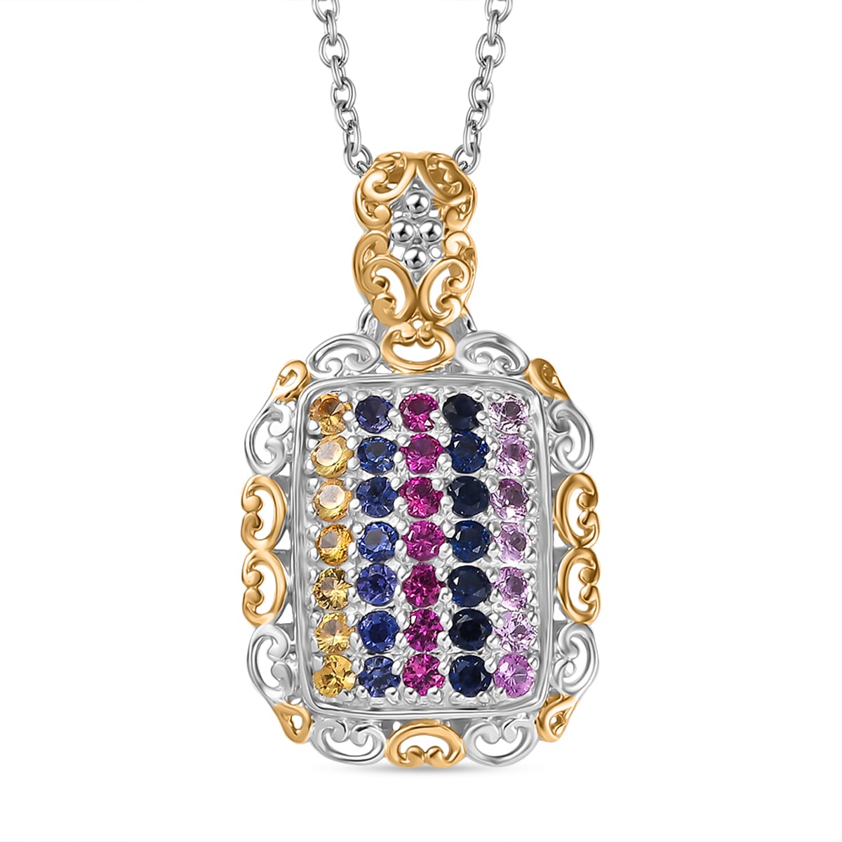 Lab Created Blue Sapphire and Multi Gemstone 1.60 ctw Pendant in Platinum Over Sterling Silver with Stainless Steel Necklace 20 Inches image number 0