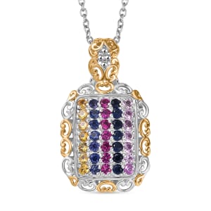 D'Joy Lab Created Multi Sapphire 1.60 ctw Victorian Era Scrolls Pendant in Vermeil YG and Platinum Over Sterling Silver with Stainless Steel Necklace 20 Inches