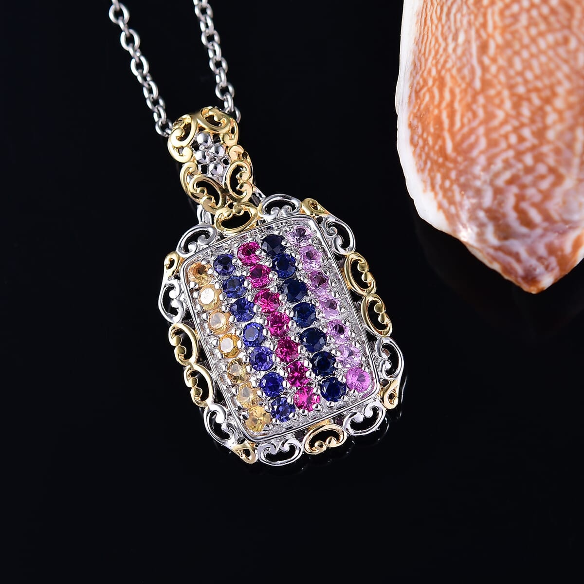 Lab Created Blue Sapphire and Multi Gemstone 1.60 ctw Pendant in Platinum Over Sterling Silver with Stainless Steel Necklace 20 Inches image number 1