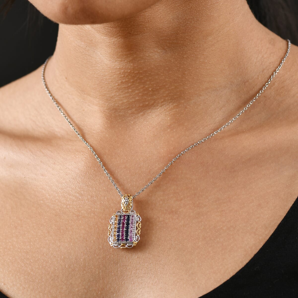 Lab Created Blue Sapphire and Multi Gemstone 1.60 ctw Pendant in Platinum Over Sterling Silver with Stainless Steel Necklace 20 Inches image number 2