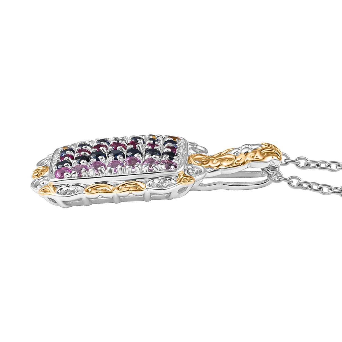 Lab Created Blue Sapphire and Multi Gemstone 1.60 ctw Pendant in Platinum Over Sterling Silver with Stainless Steel Necklace 20 Inches image number 3