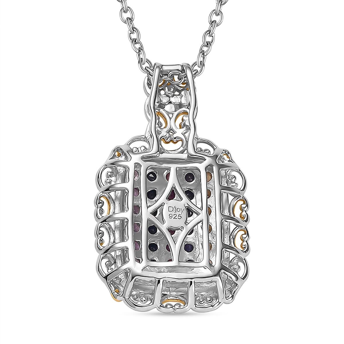 D'Joy Lab Created Multi Sapphire 1.60 ctw Victorian Era Scrolls Pendant in Vermeil YG and Platinum Over Sterling Silver with Stainless Steel Necklace 20 Inches