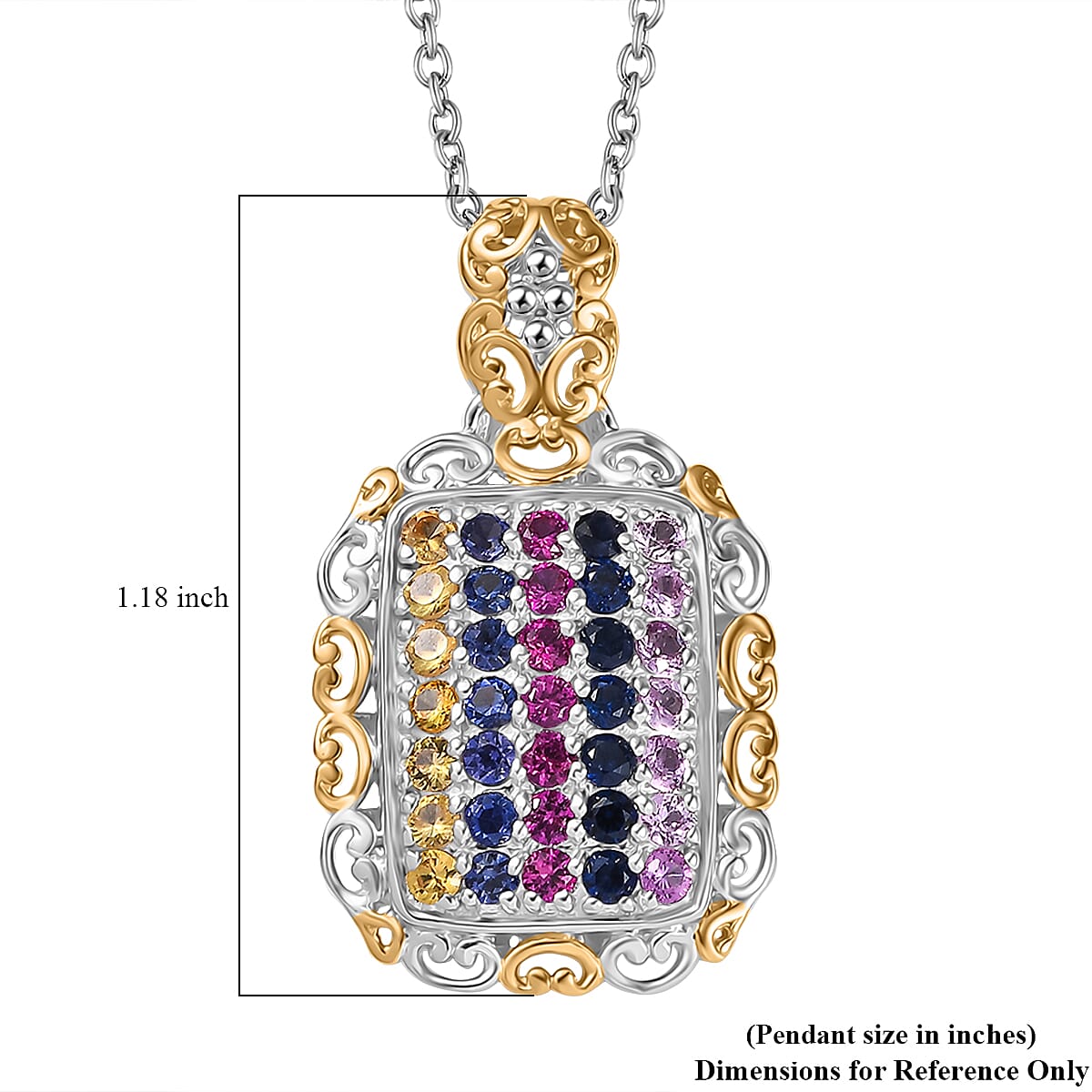 D'Joy Lab Created Multi Sapphire 1.60 ctw Victorian Era Scrolls Pendant in Vermeil YG and Platinum Over Sterling Silver with Stainless Steel Necklace 20 Inches