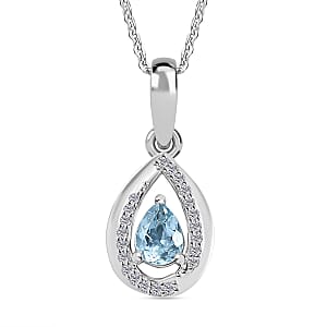 Santamaria Aquamarine and White Zircon 0.90 ctw Pendant Necklace in Rhodium Over Sterling Silver 20 Inches 