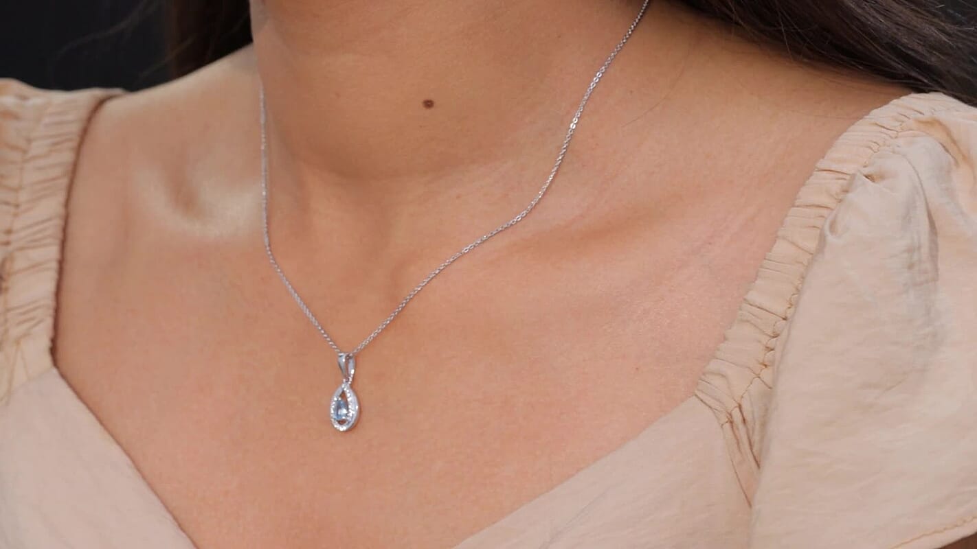 Santamaria Aquamarine and White Zircon 0.90 ctw Pendant Necklace in Rhodium Over Sterling Silver 20 Inches