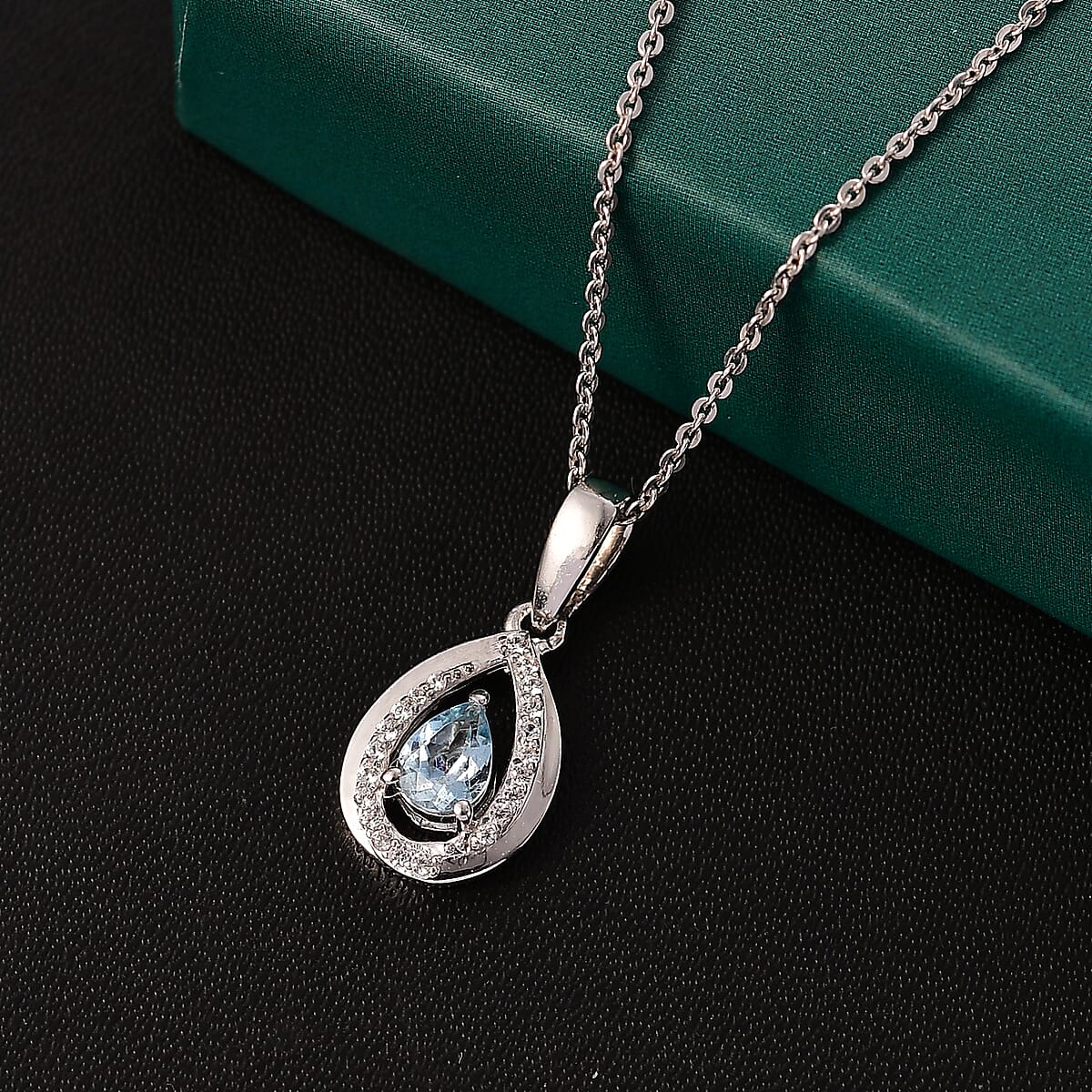 Santamaria Aquamarine and White Zircon 0.90 ctw Pendant Necklace in Rhodium Over Sterling Silver 20 Inches  image number 1