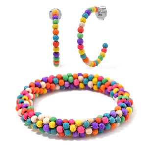 Set of 2 Constituted Multi Color Howlite 116.00 ctw Beaded Woven Bracelet (6.5-7In) and Earrings in Stainless Steel