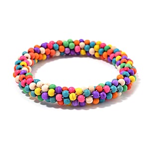 Set of 2 Constituted Multi Color Howlite 116.00 ctw Beaded Woven Bracelet (6.5-7In) and Earrings in Stainless Steel