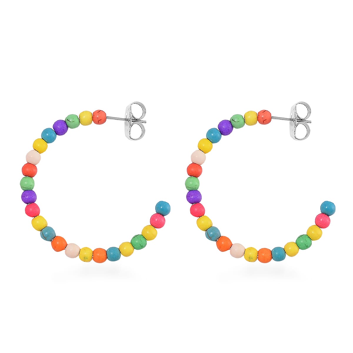 Set of 2 Constituted Multi Color Howlite 116.00 ctw Beaded Woven Bracelet (6.5-7In) and Earrings in Stainless Steel