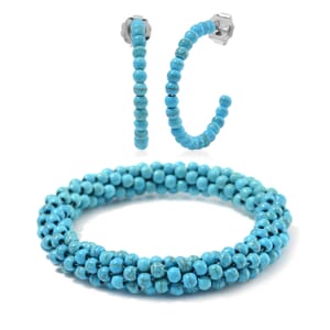 Set of 2 Constituted Blue Howlite 116.00 ctw Beaded Woven Bracelet (6.5-7In) and Earrings in Stainless Steel