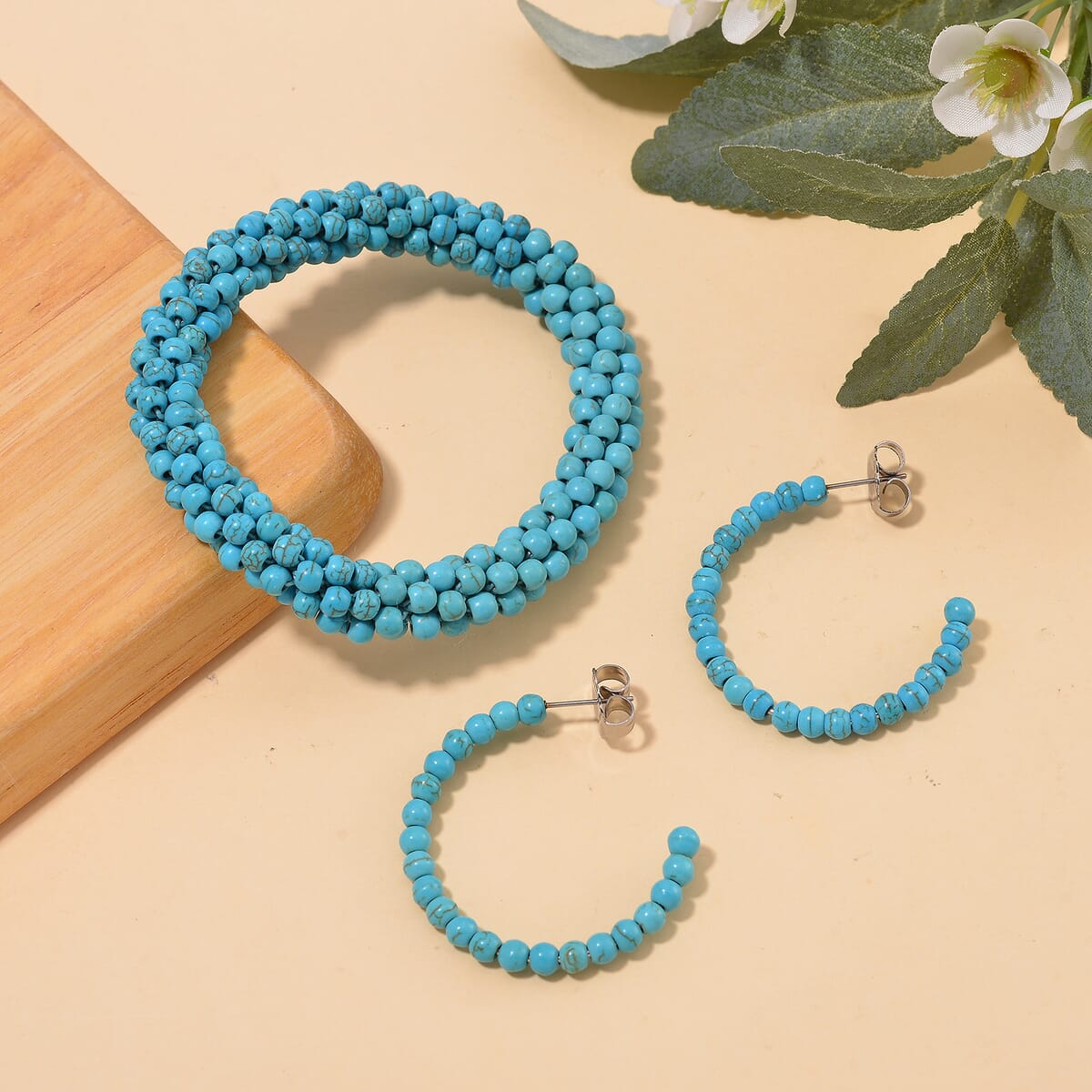 Set of 2 Constituted Blue Howlite 116.00 ctw Beaded Woven Bracelet (6.5-7In) and Earrings in Stainless Steel image number 1