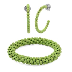 Set of 2 Constituted Green Howlite 116.00 ctw Beaded Woven Bracelet (6.5-7In) and Earrings in Stainless Steel