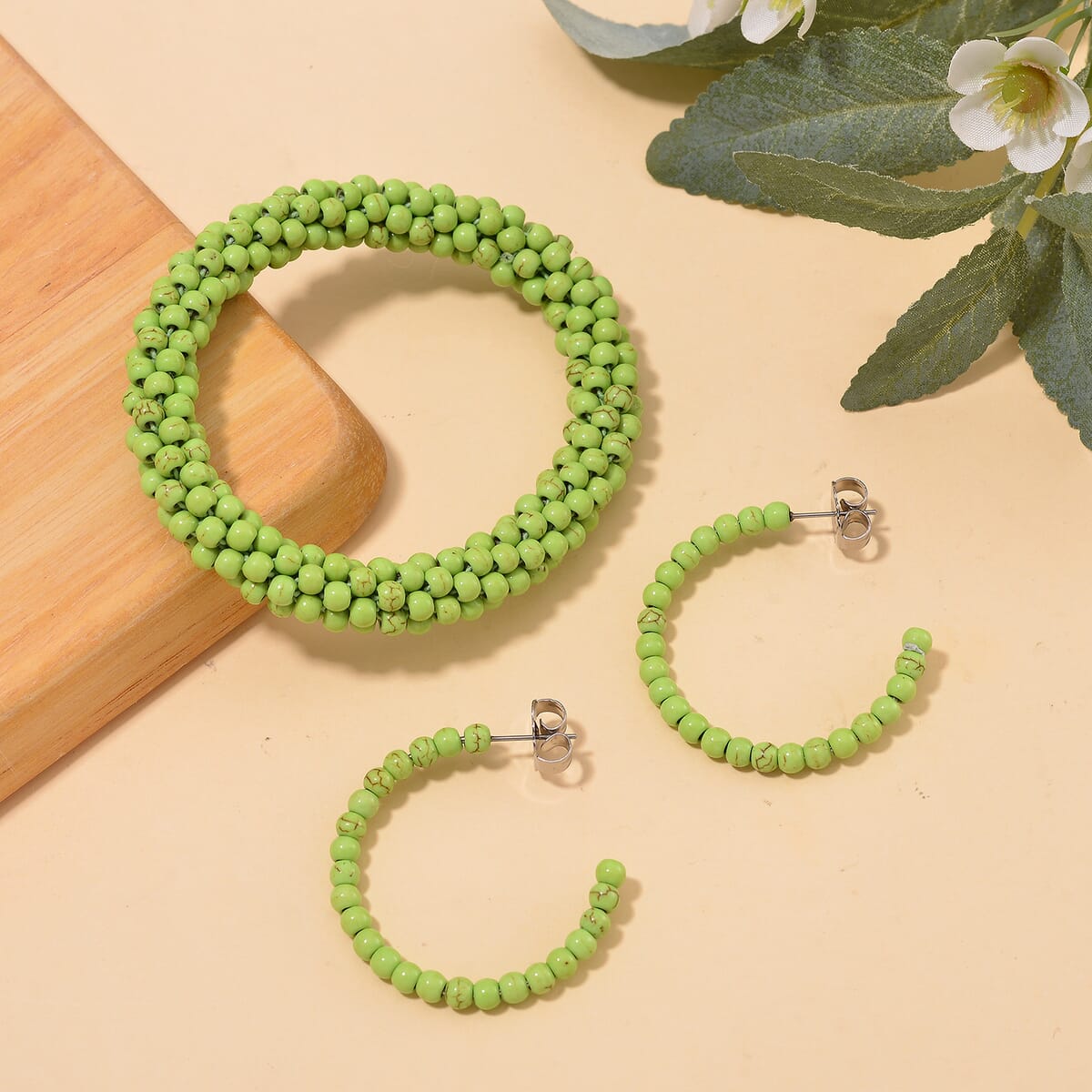 Set of 2 Constituted Green Howlite 116.00 ctw Beaded Woven Bracelet (6.5-7In) and Earrings in Stainless Steel image number 1