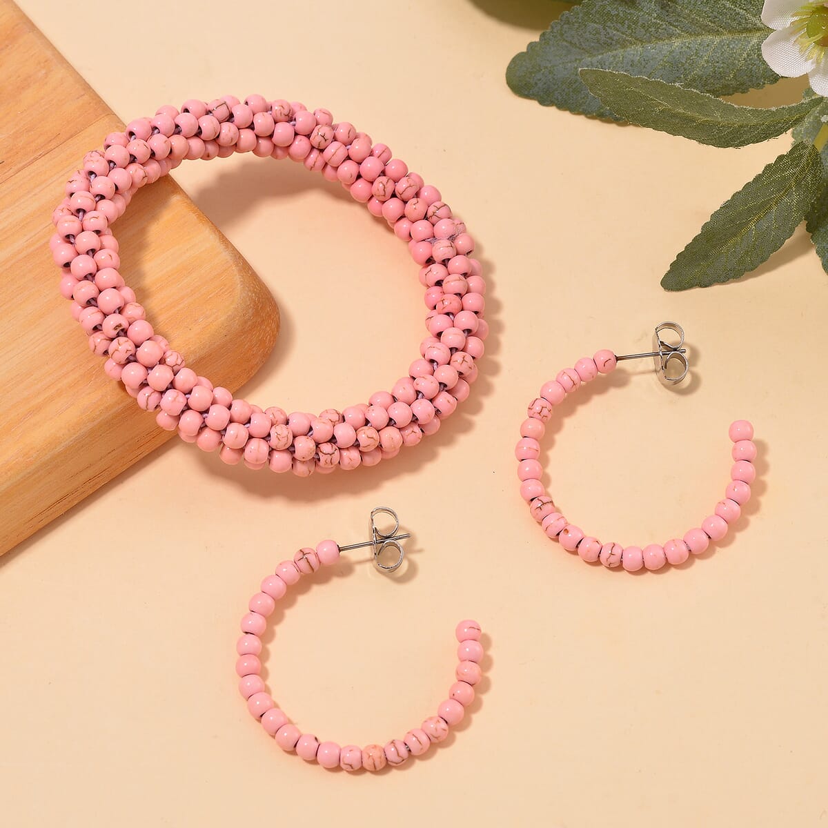 Set of 2 Almandine 116.00 ctw Beaded Woven Bracelet (6.5-7In) and Earrings in Stainless Steel image number 1