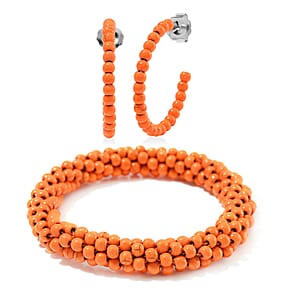Set of 2 Constituted Orange Howlite 116.00 ctw Beaded Woven Bracelet (6.5-7In) and Earrings in Stainless Steel