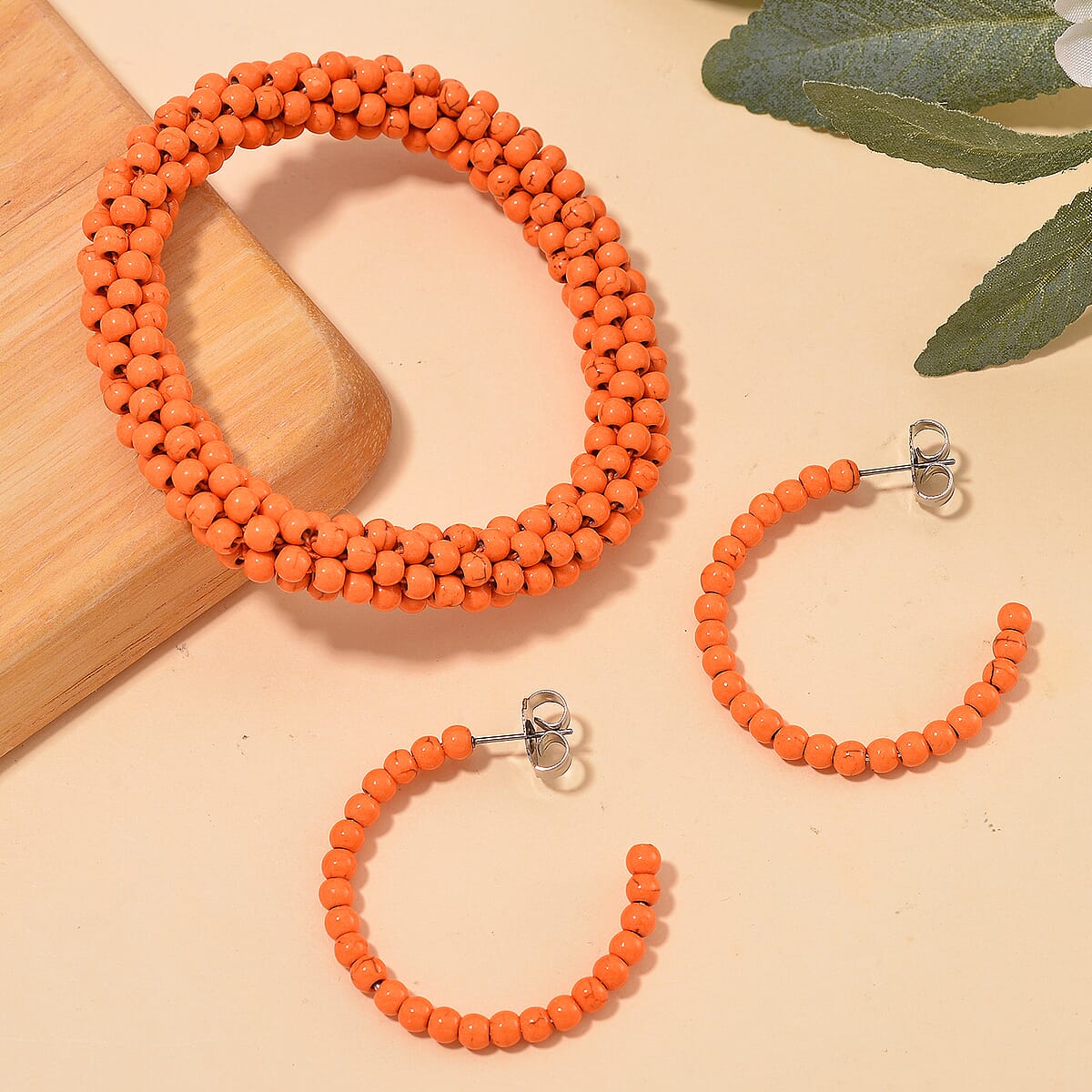 Set of 2 Constituted Orange Howlite 116.00 ctw Beaded Woven Bracelet (6.5-7In) and Earrings in Stainless Steel image number 1