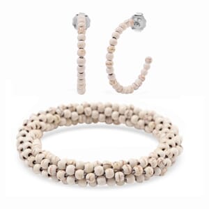 Set of 2 Constituted White Howlite 116.00 ctw Beaded Woven Bracelet (6.5-7In) and Earrings in Stainless Steel