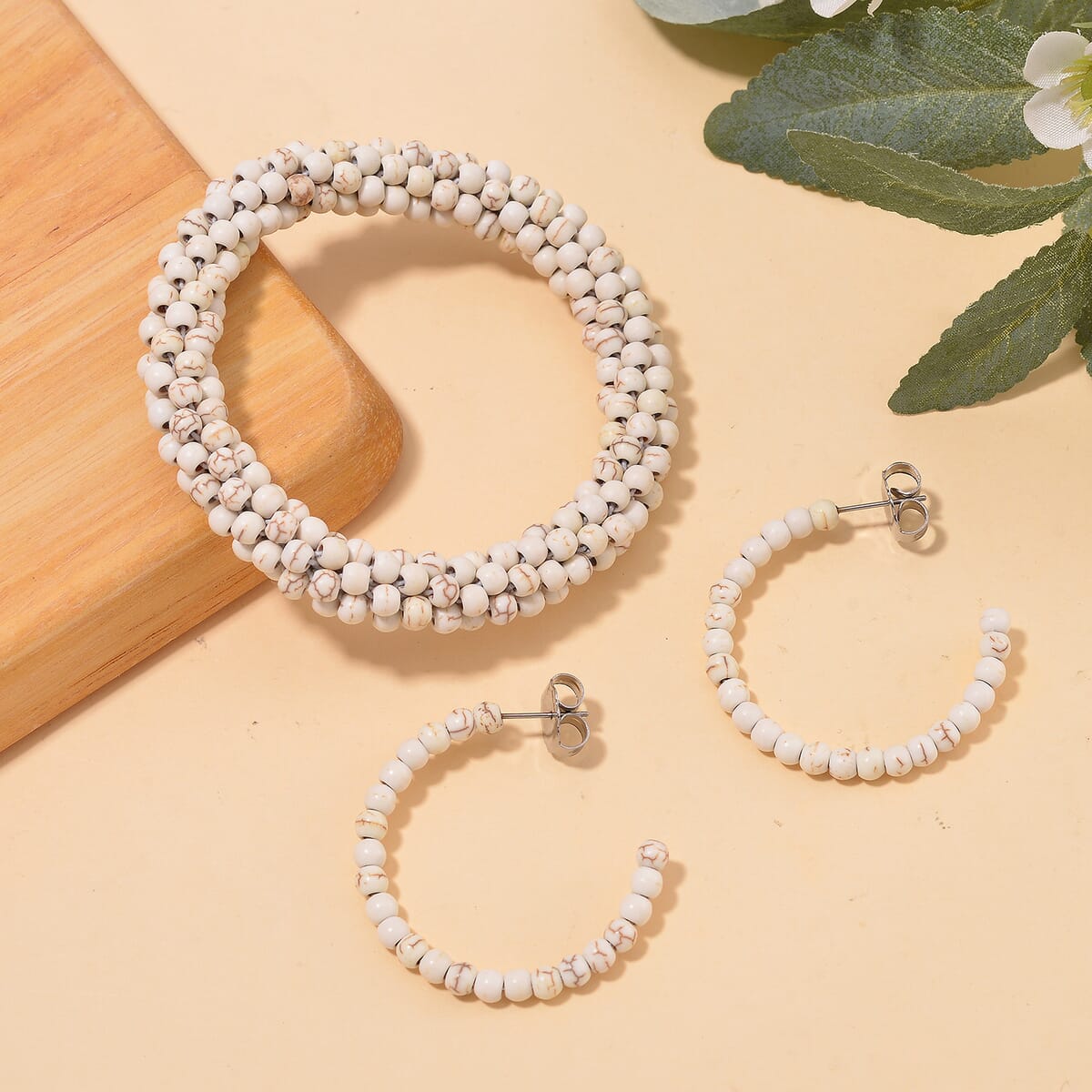 Set of 2 Constituted White Howlite 116.00 ctw Beaded Woven Bracelet (6.5-7In) and Earrings in Stainless Steel image number 1