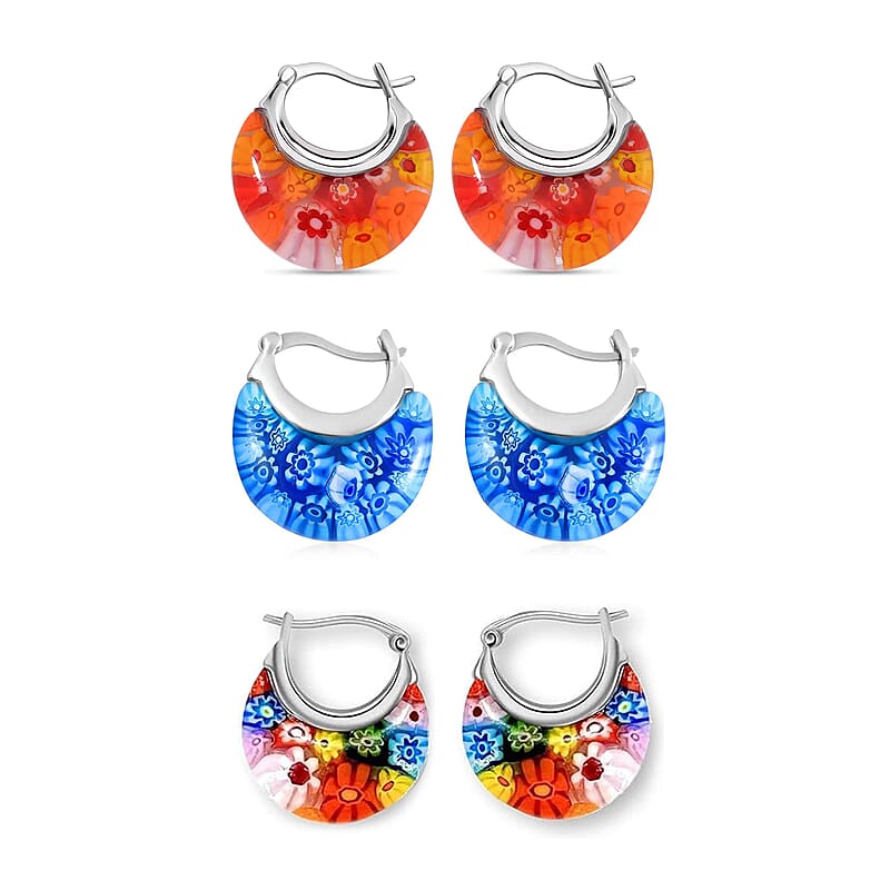 Set of 3 Blue, Orange and Multi Color Murano Style Basket Earrings in Stainless Steel with Lifetime Guarantee (Del. In 10-12 Days)