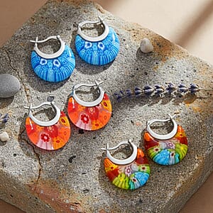 Set of 3 Blue, Orange and Multi Color Murano Style Basket Earrings in Stainless Steel with Lifetime Guarantee (Del. In 10-12 Days)