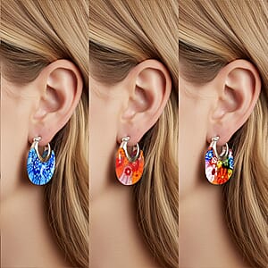 Set of 3 Blue, Orange and Multi Color Murano Style Basket Earrings in Stainless Steel with Lifetime Guarantee (Del. In 10-12 Days)