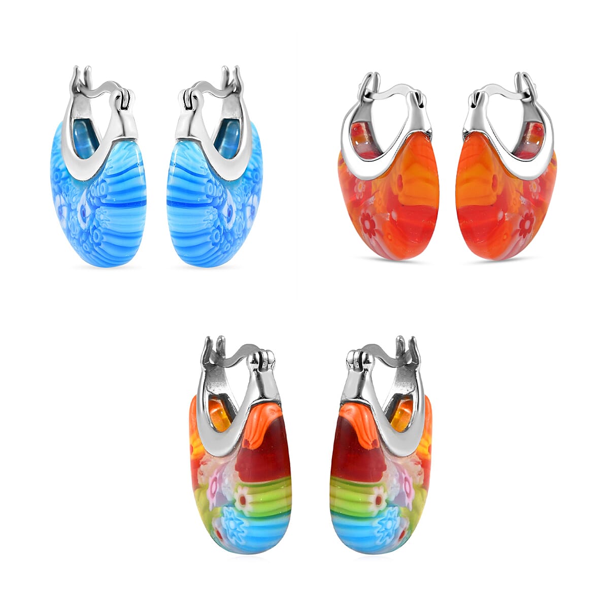 Set of 3 Blue, Orange and Multi Color Murano Style Basket Earrings in Stainless Steel with Lifetime Guarantee (Del. In 10-12 Days) image number 3