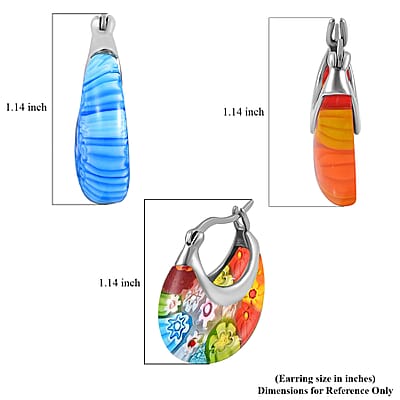 Set of 3 Blue, Orange and Multi Color Murano Style Basket Earrings in Stainless Steel with Lifetime Guarantee (Del. In 10-12 Days)
