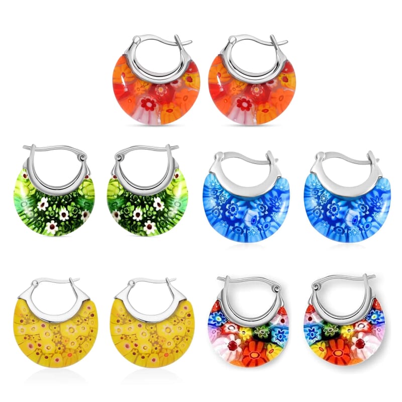 Set of 5 Multi Color Murano Style Basket Earrings in Stainless Steel