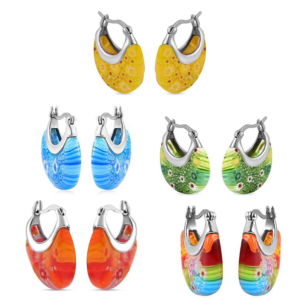 Set of 5 Multi Color Murano Style Basket Earrings in Stainless Steel (Del. In 10-12 Days) image number 3