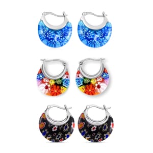 Set of 3 Blue, Black and Multi Color Murano Style Basket Earrings in Stainless Steel