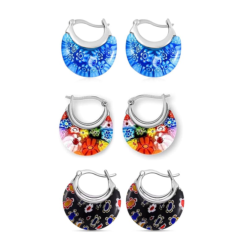 Set of 3 Blue, Black and Multi Color Murano Style Basket Earrings in Stainless Steel
