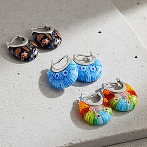 Set of 3 Blue, Black and Multi Color Murano Style Basket Earrings in Stainless Steel (Del. In 10-12 Days)
