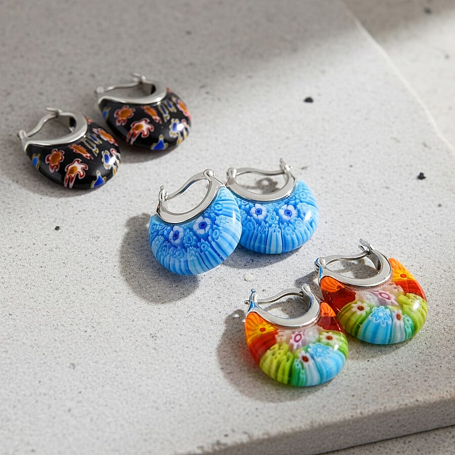 Set of 3 Blue, Black and Multi Color Murano Style Basket Earrings in Stainless Steel
