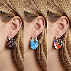 Set of 3 Blue, Black and Multi Color Murano Style Basket Earrings in Stainless Steel (Del. In 10-12 Days)