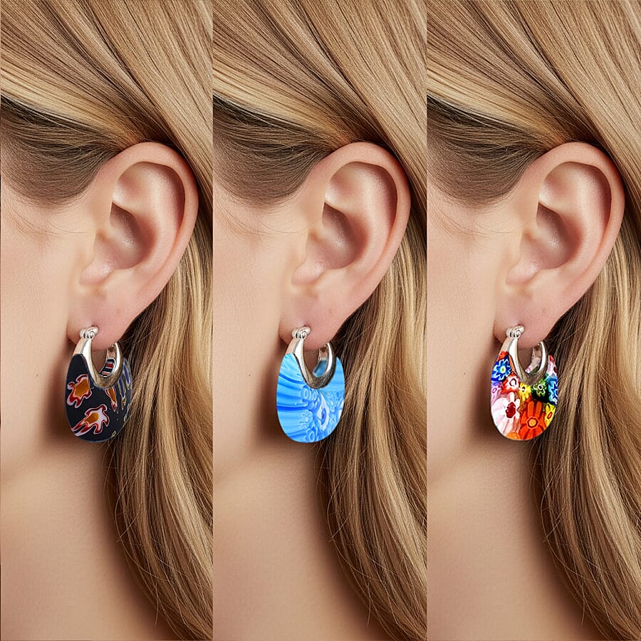 Set of 3 Blue, Black and Multi Color Murano Style Basket Earrings in Stainless Steel