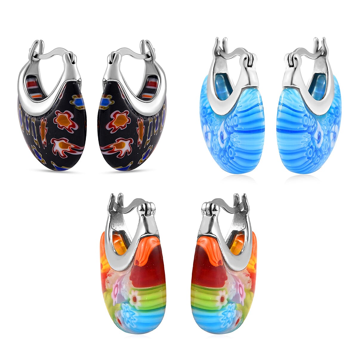 Set of 3 Blue, Black and Multi Color Murano Style Basket Earrings in Stainless Steel (Del. In 10-12 Days) image number 3