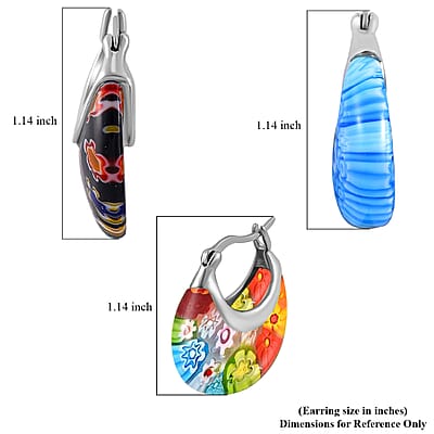 Set of 3 Blue, Black and Multi Color Murano Style Basket Earrings in Stainless Steel