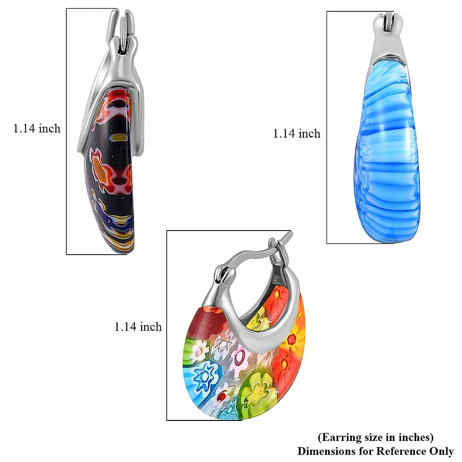 Set of 3 Blue, Black and Multi Color Murano Style Basket Earrings in Stainless Steel