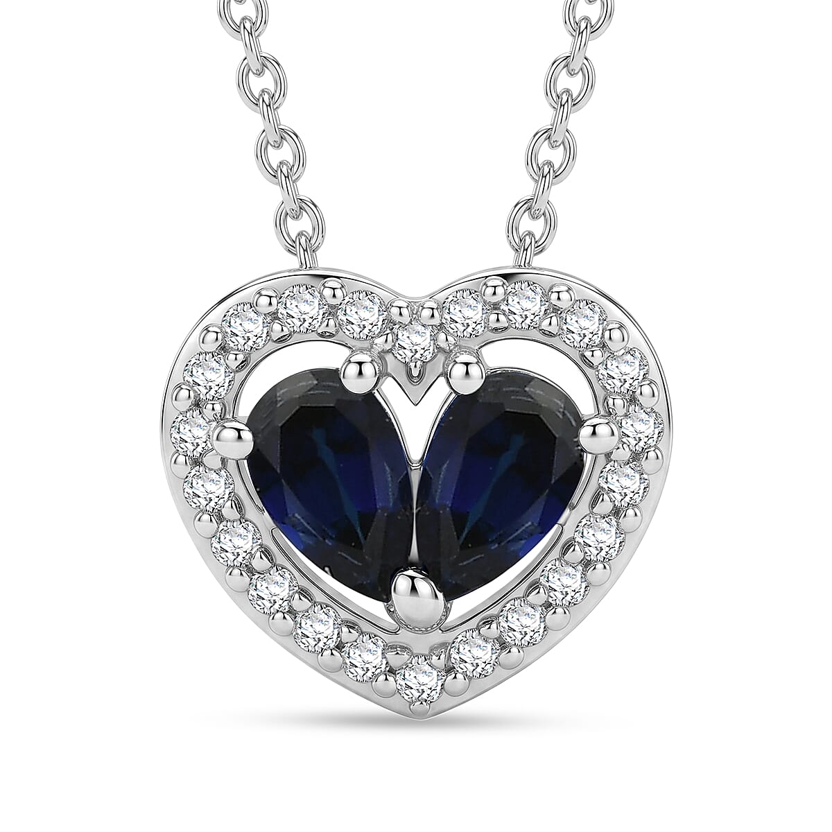 Lab Created Blue and White Sapphire 0.65 ctw Heart Pendant Necklace in Rhodium Over Sterling Silver (20 Inches)